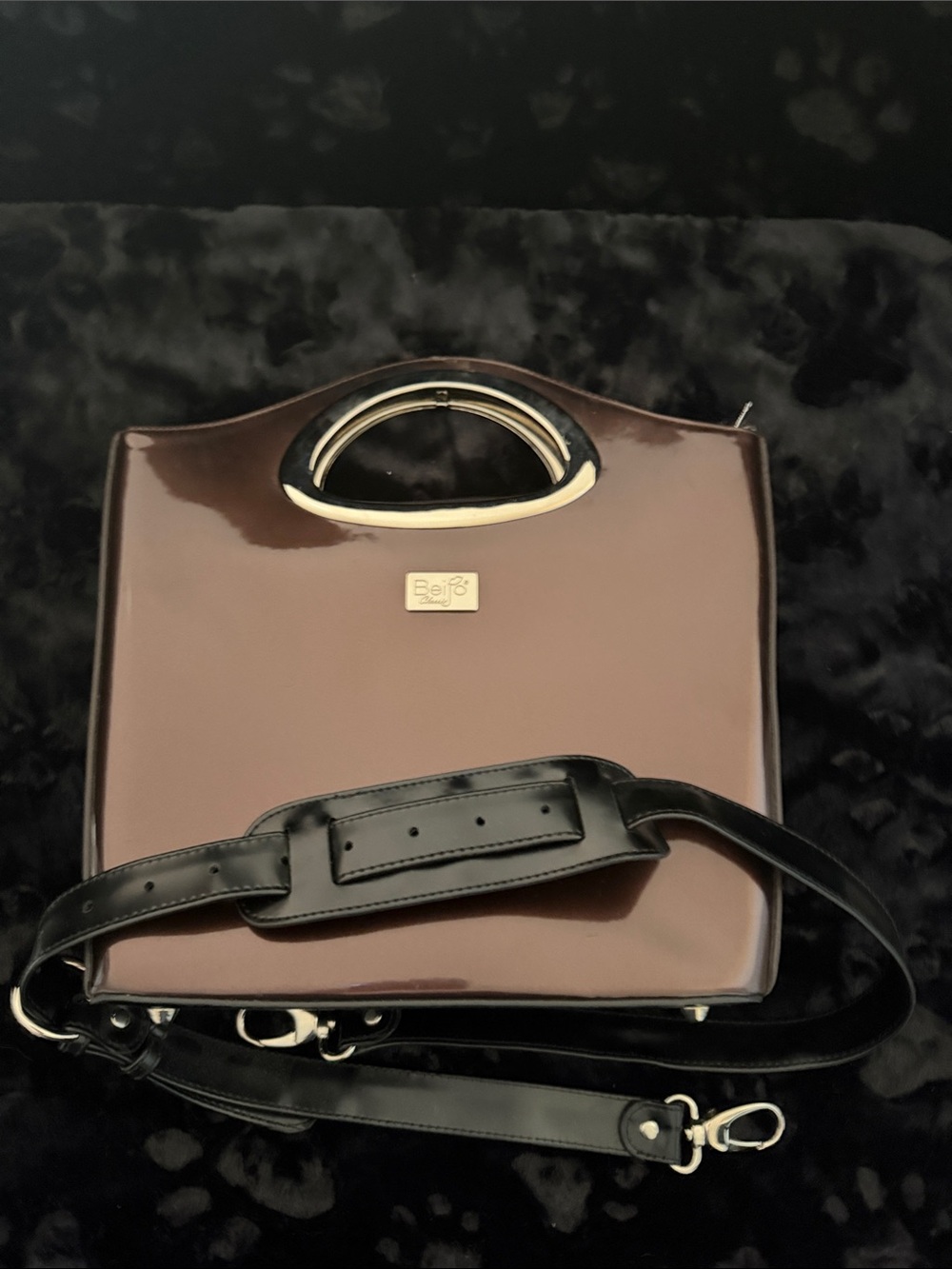 Beijo Brown Patent Top-Handle Satchel with Black Strap